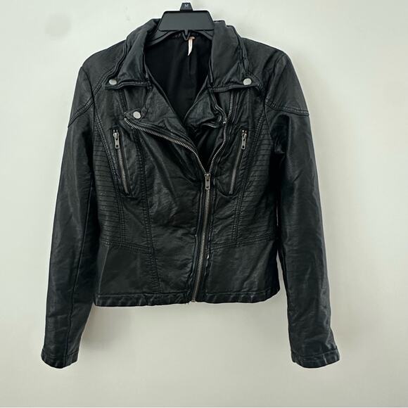 Free People Black Leather Jacket Asymmetrical Design Size 6 - Picture 2 of 11